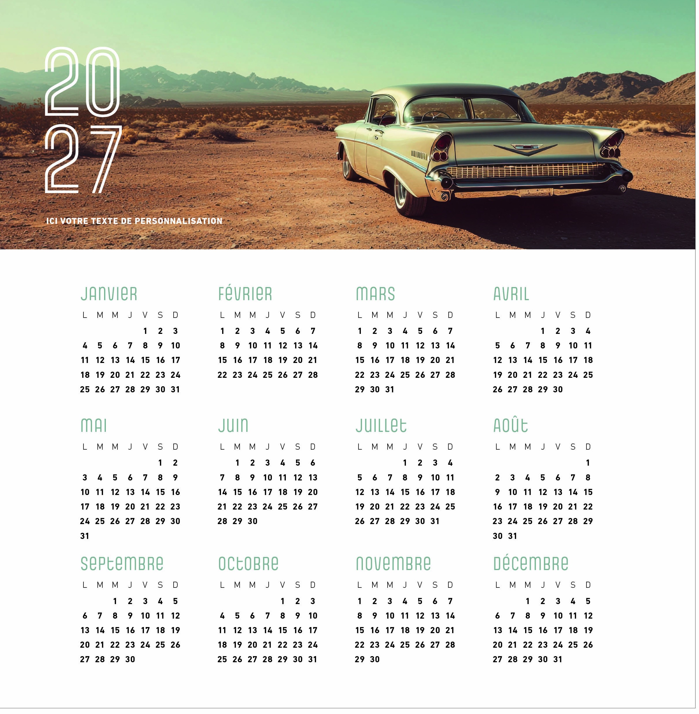 Calendrier Automobile 2027 — réf. PHOTOS 248 — calendrier 2027 personnalisé