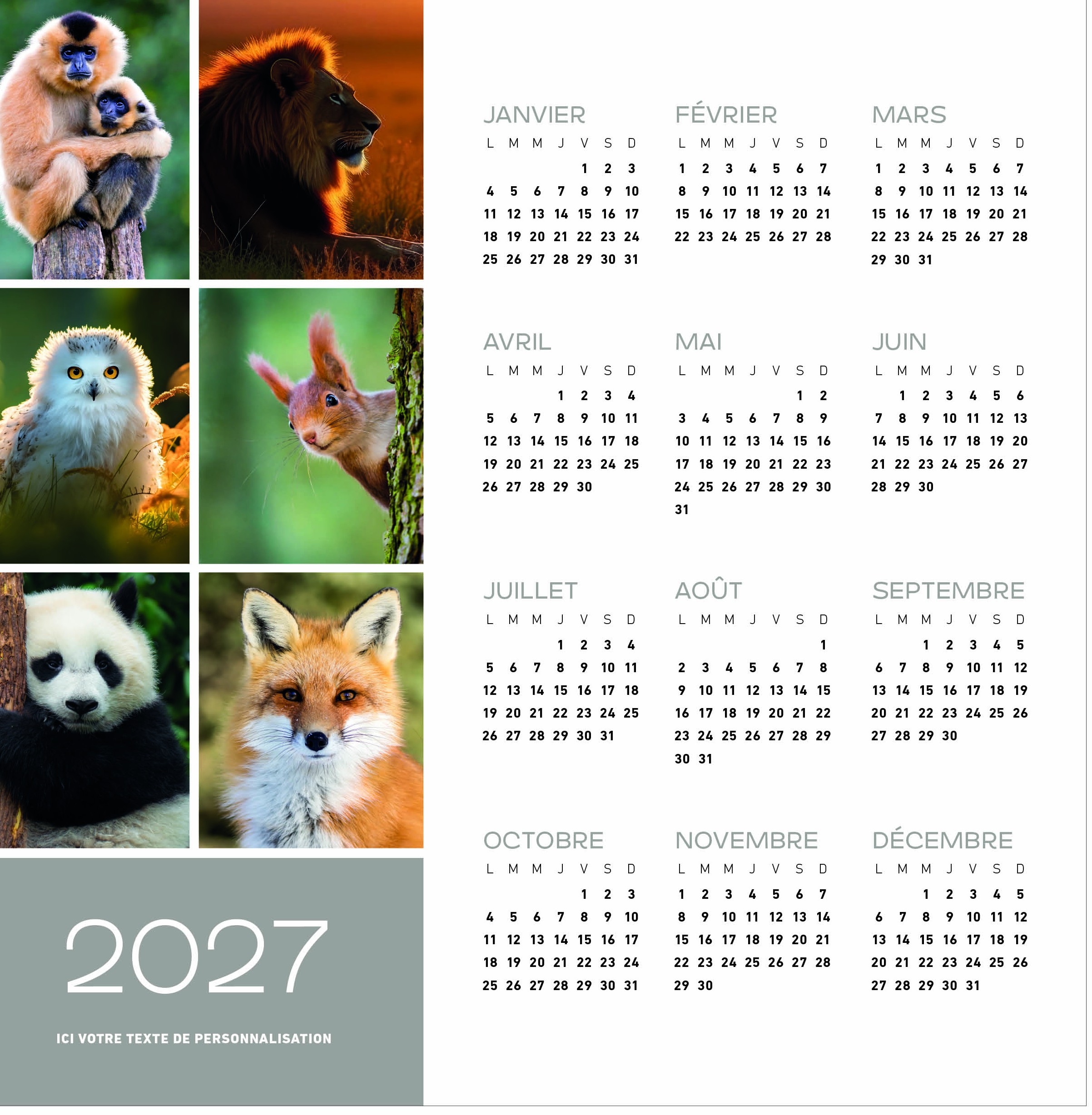 Calendrier Animaux 2027 — réf. PHOTOS 258 — calendrier 2027 personnalisé