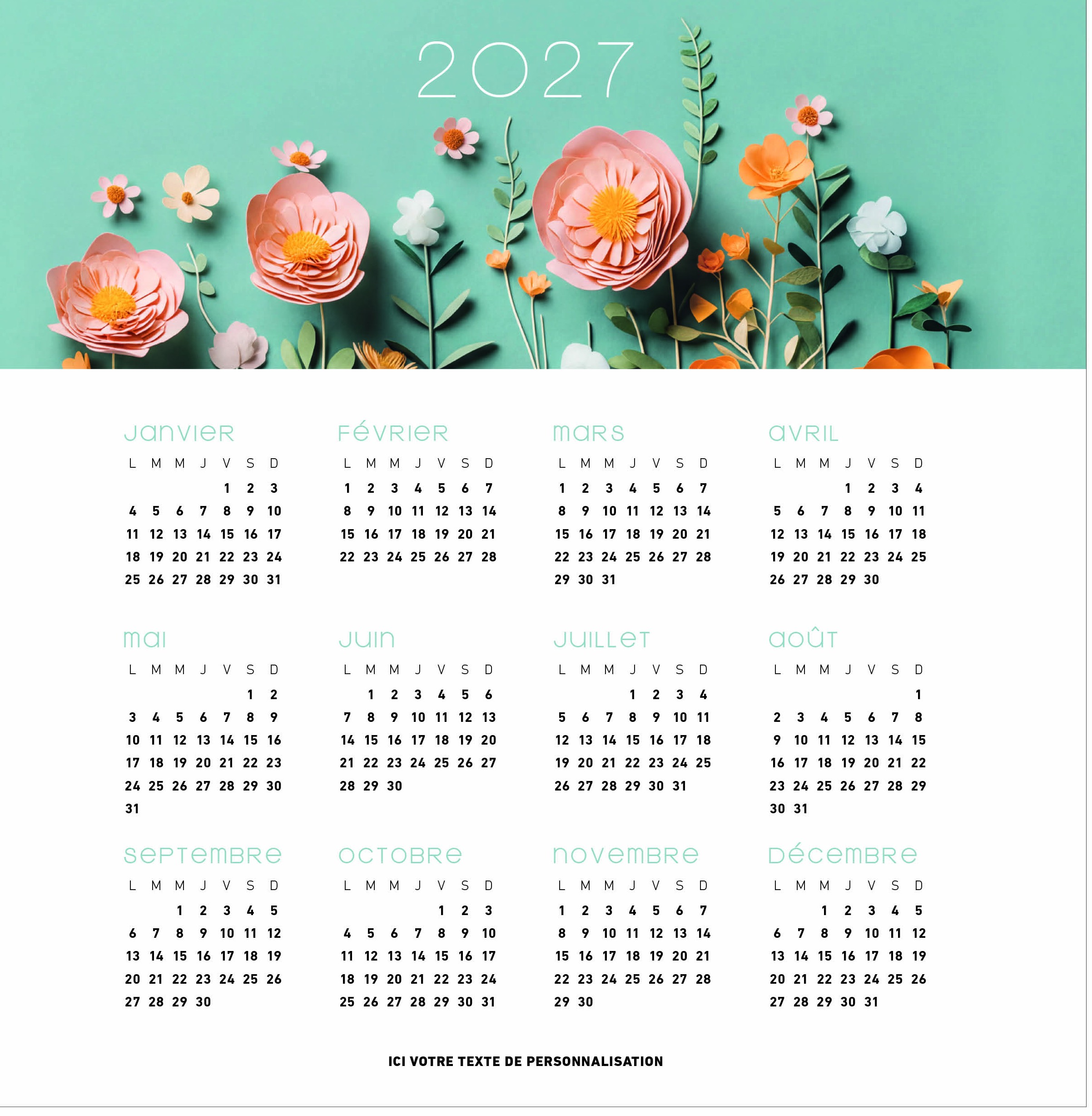 Calendrier Origami 2027 — réf. PHOTOS 263 — calendrier 2027 personnalisé
