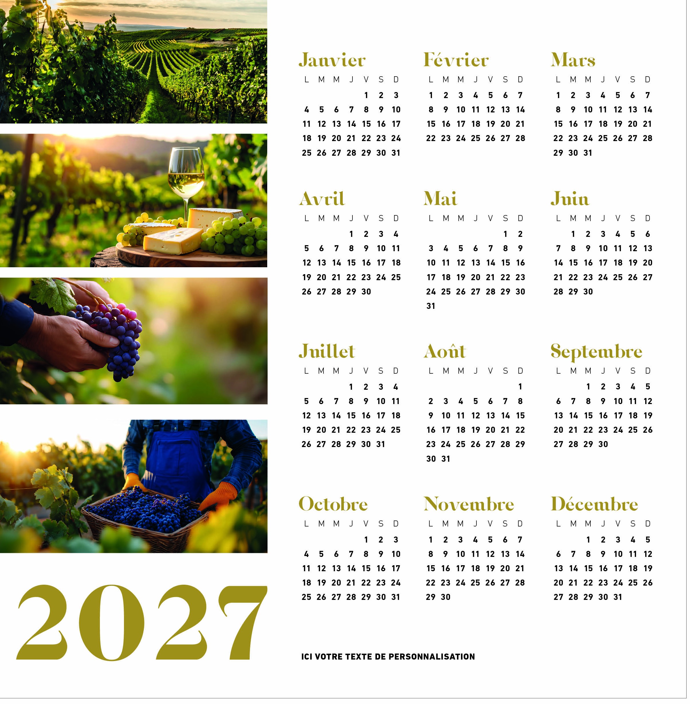 Calendrier Gastronomie 2027 — réf. PHOTOS 255 — calendrier 2027 personnalisé