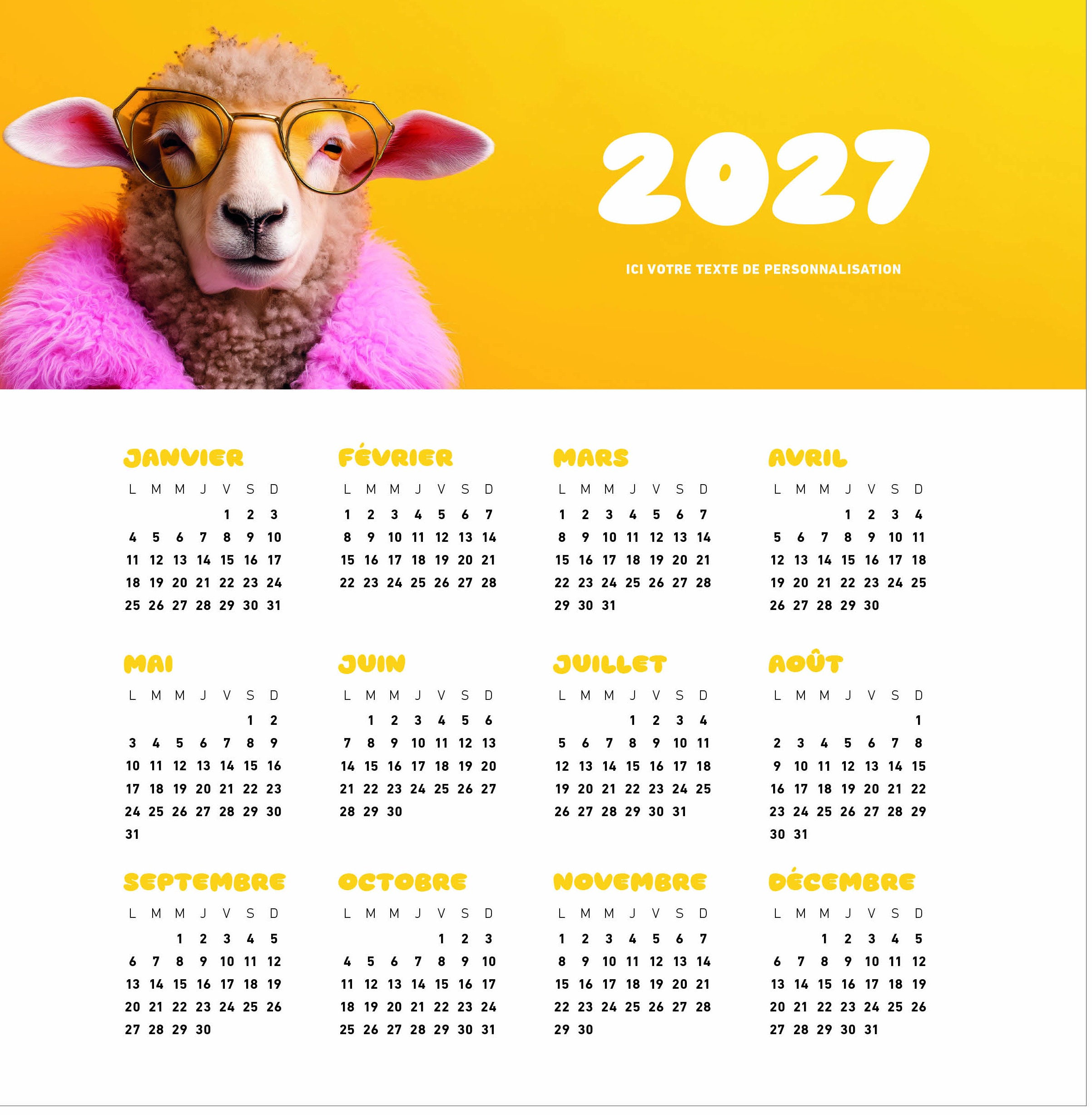 Calendrier Animaux 2027 — réf. PHOTOS 260 — calendrier 2027 personnalisé