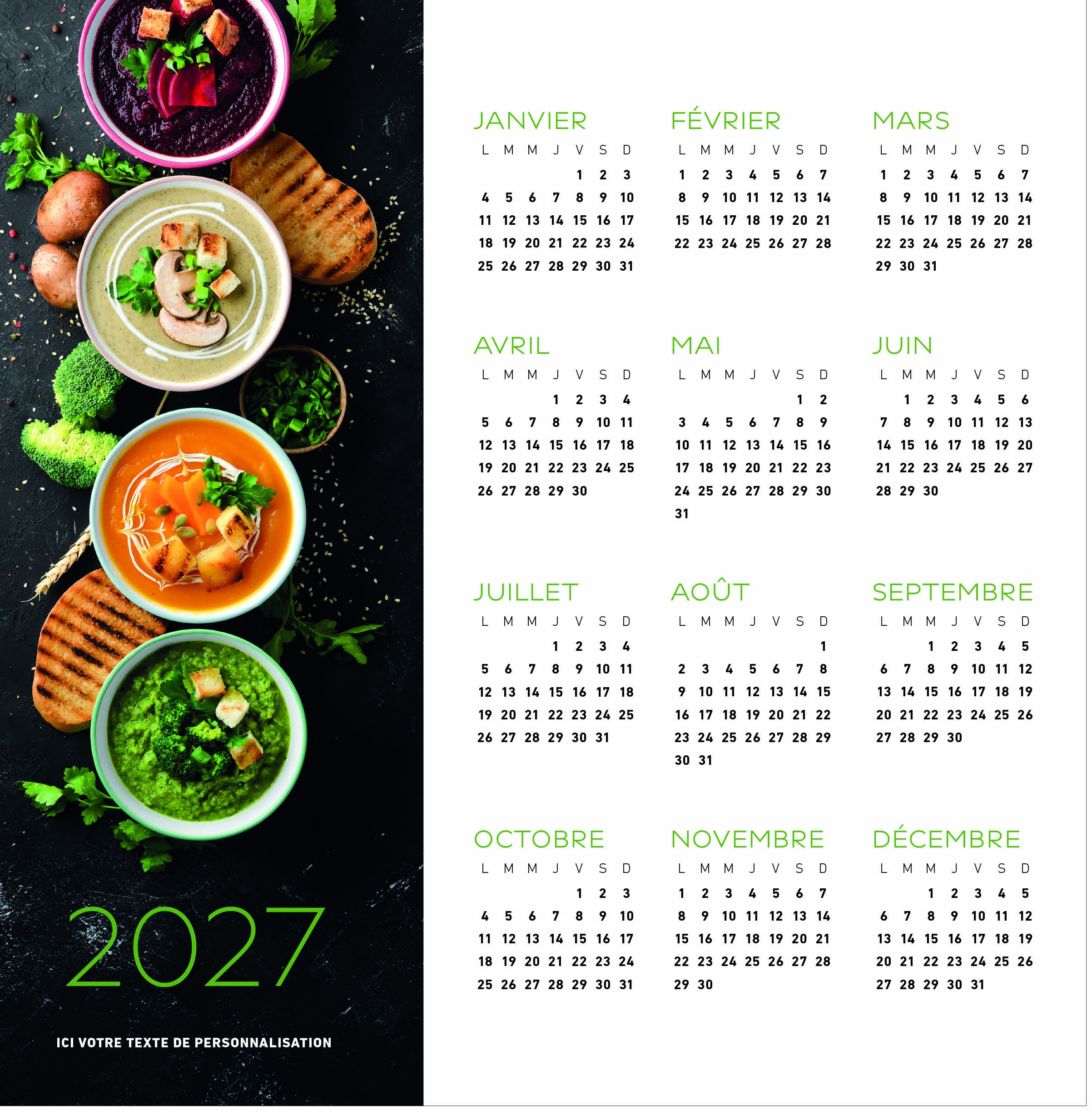 Calendrier Gastronomie 2027 — réf. PHOTOS 253 — calendrier 2027 personnalisé