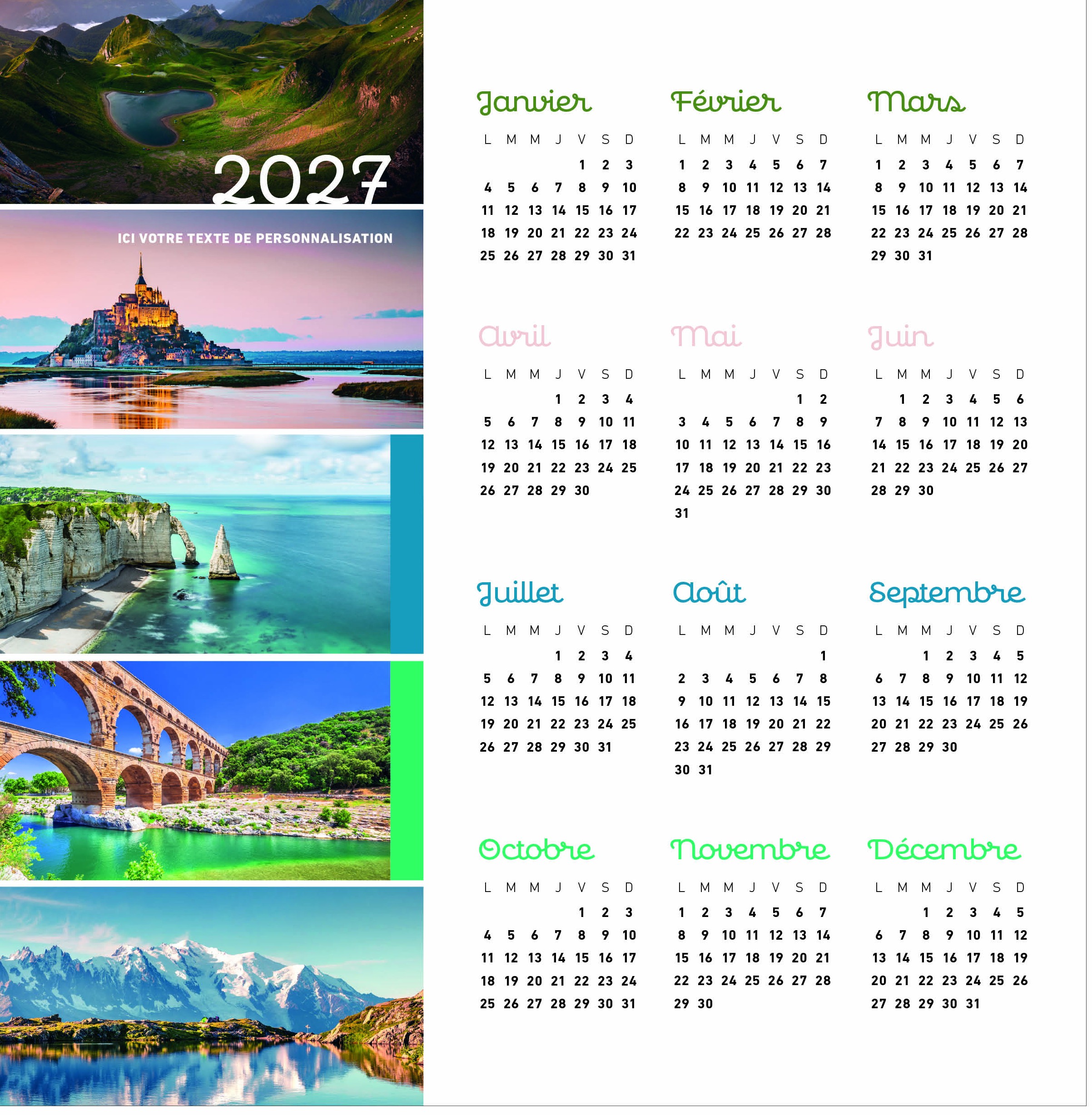 Calendrier Paysages 2027 — réf. PHOTOS 230 — calendrier 2027 personnalisé