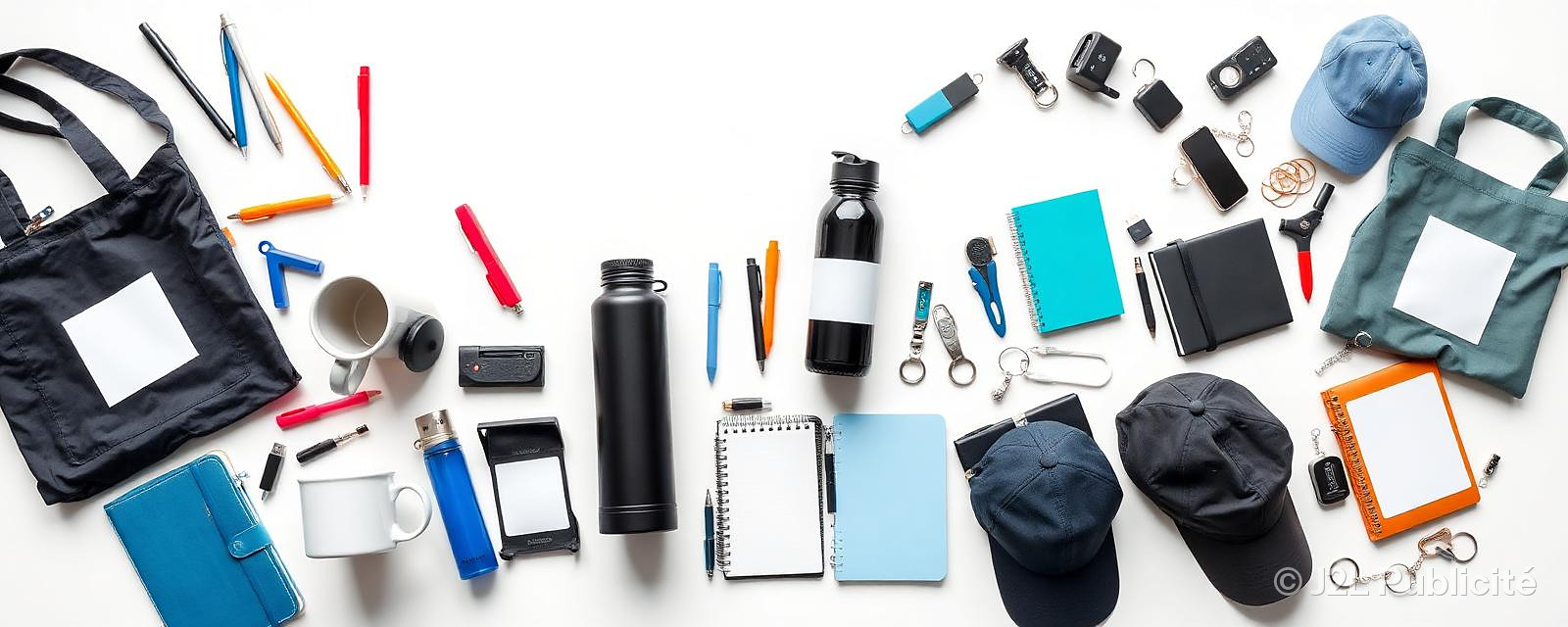 Gamme complète de goodies et cadeaux d'affaires personnalisés à Saint-Étienne : stylos, mugs, gourdes, tote bags, textile, clés USB, carnets et sacs