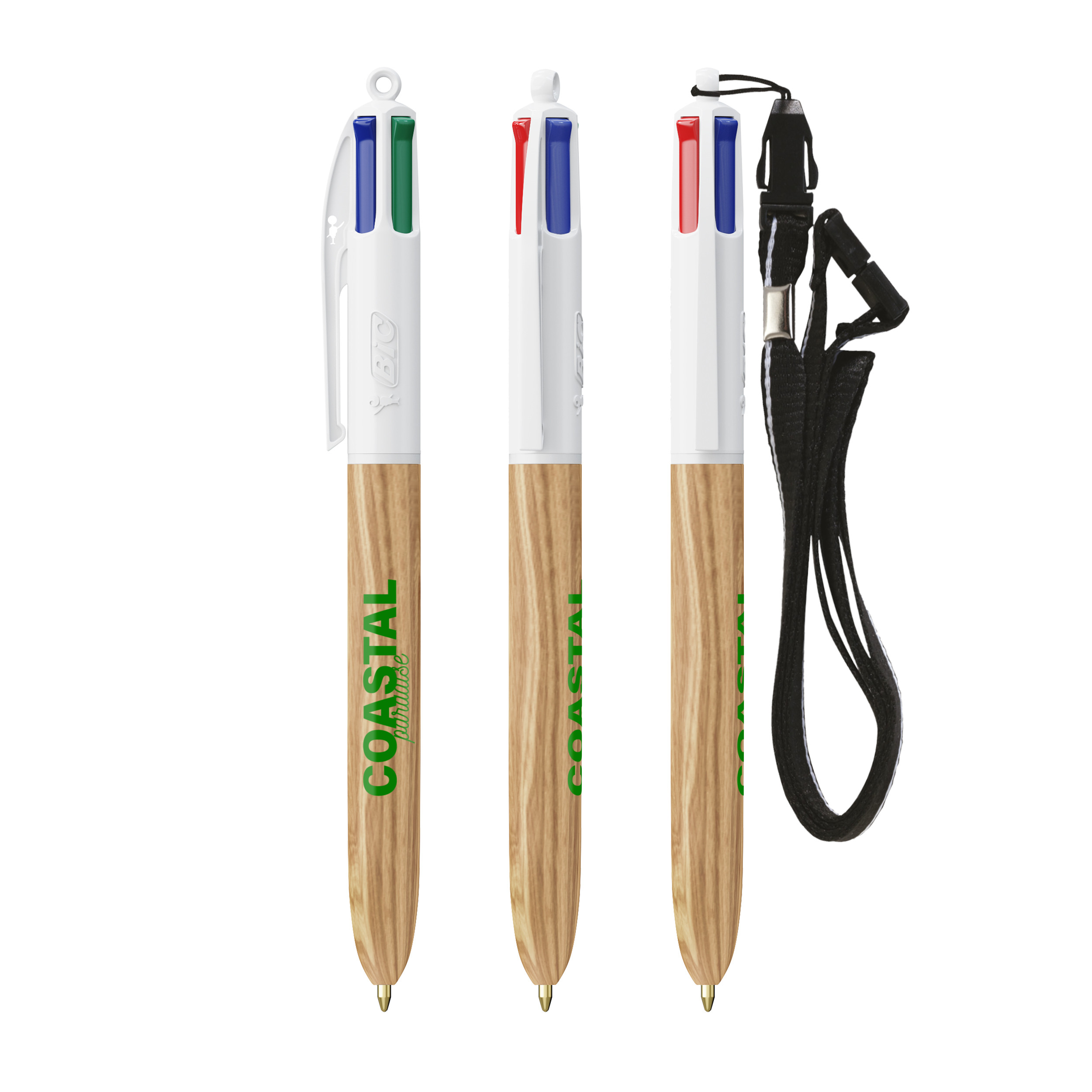 BIC 4 Couleurs aspect bois avec cordon personnalisé avec logo d'entreprise